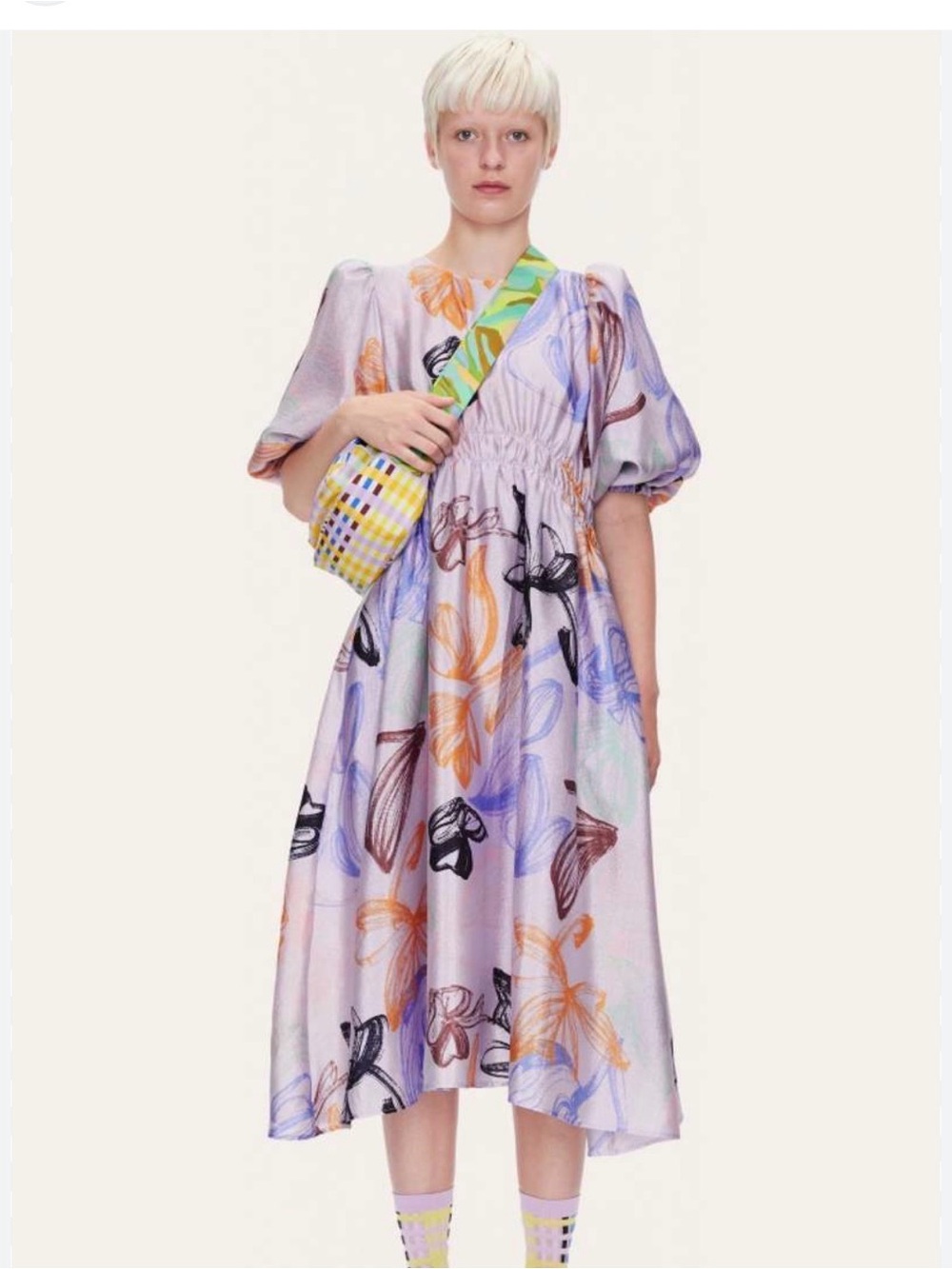 Stine Goya Elizabeth Purple Leaf Print Puff Sleeve Midi Dress| M